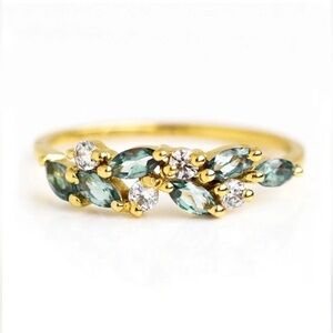 Marquise Cut Moss Agate Cluster Half Eternity Gold Plated Ring